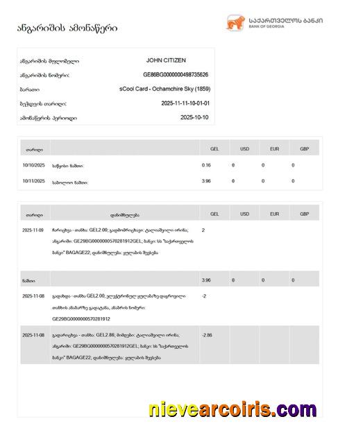 Georgia Bank of Georgia account statement Word and PDF